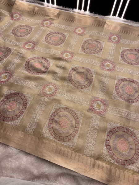 Never Seen Before Banarasi Tissue Resham Embroidery Work Saree With Banarasi Zari Border