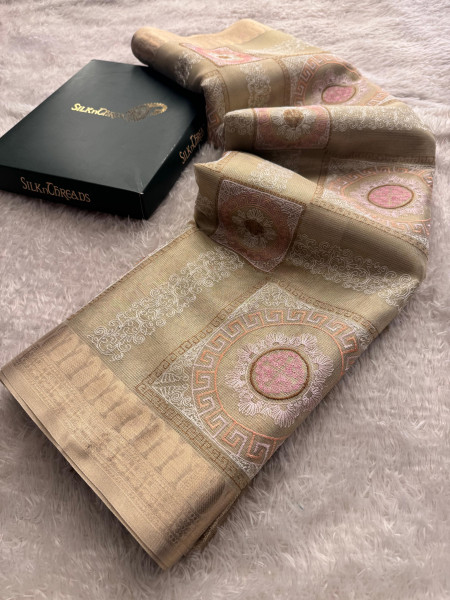 Never Seen Before Banarasi Tissue Resham Embroidery Work Saree With Banarasi Zari Border