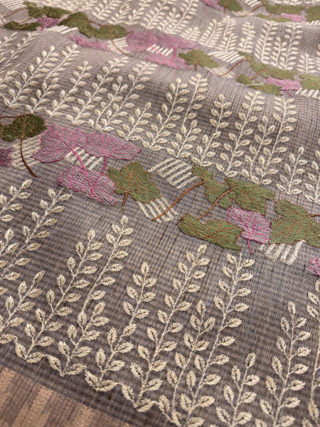 Never Seen Before Lavender Banarasi Tissue Resham Embroidery Work Saree With Banarasi Zari Border