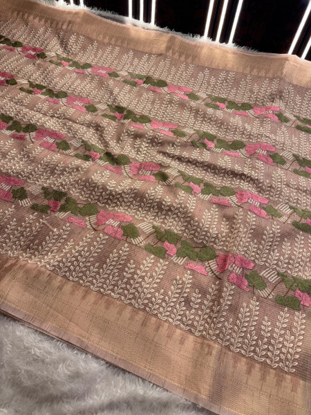 Banarasi Tissue Resham Embroidery Work Saree With Banarasi Zari Border