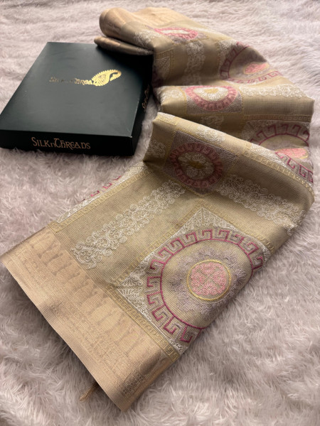 Never Seen Before Banarasi Tissue Resham Embroidery Work Saree With Banarasi Zari Border