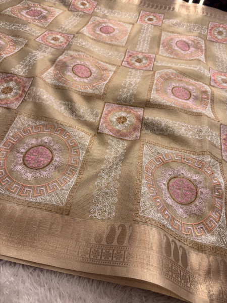 Never Seen Before Banarasi Tissue Resham Embroidery Work Saree With Banarasi Zari Border