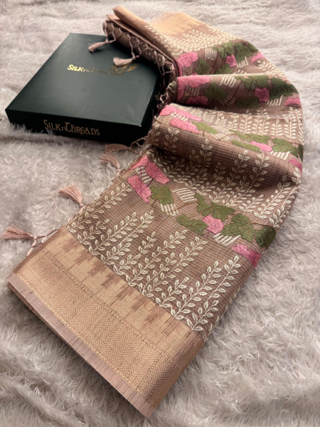 Banarasi Tissue Resham Embroidery Work Saree With Banarasi Zari Border