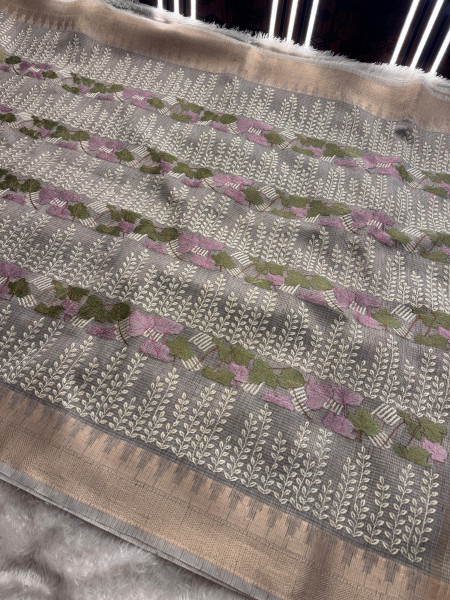 Never Seen Before Lavender Banarasi Tissue Resham Embroidery Work Saree With Banarasi Zari Border