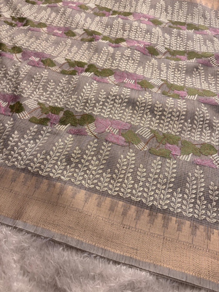 Never Seen Before Lavender Banarasi Tissue Resham Embroidery Work Saree With Banarasi Zari Border