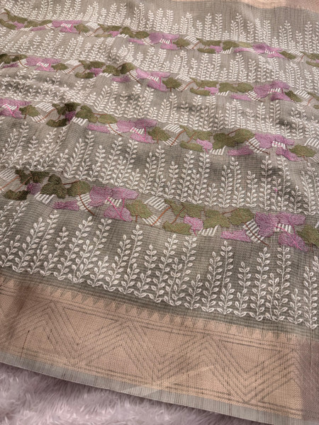 Banarasi Tissue Resham Embroidery Work Saree With Banarasi Zari Border