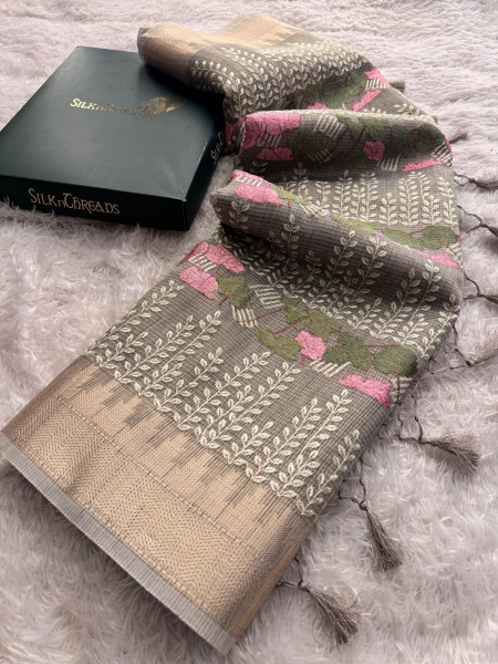 Banarasi Tissue Resham Embroidery Work Saree With Banarasi Zari Border
