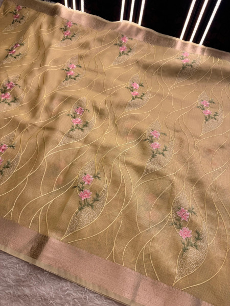 Never Seen Before Banarasi Tissue Resham Embroidery Work Saree With Banarasi Zari Border