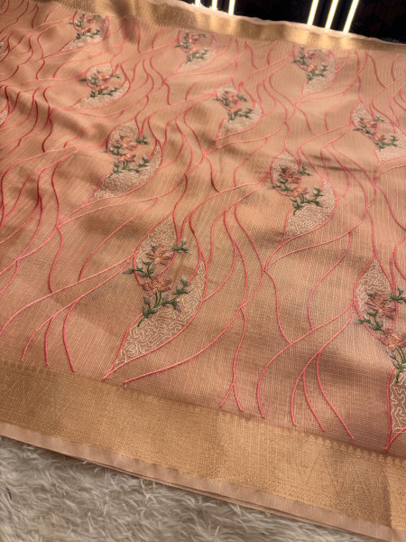 Never Seen Before Banarasi Tissue Resham Embroidery Work Saree With Banarasi Zari Border