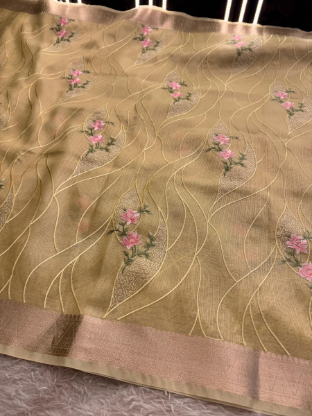 Never Seen Before Banarasi Tissue Resham Embroidery Work Saree With Banarasi Zari Border