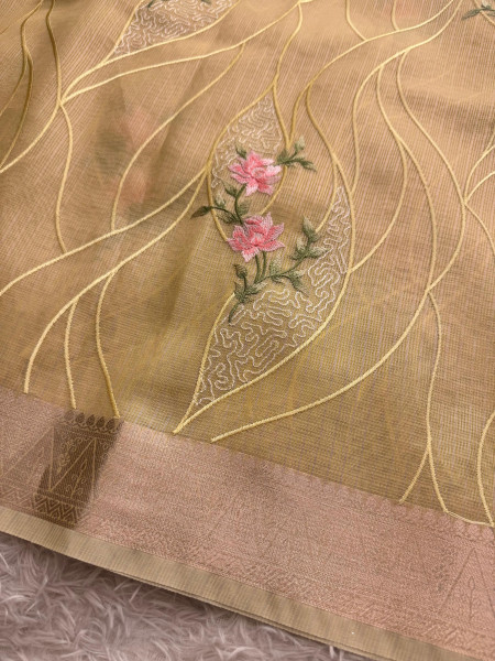 Never Seen Before Banarasi Tissue Resham Embroidery Work Saree With Banarasi Zari Border