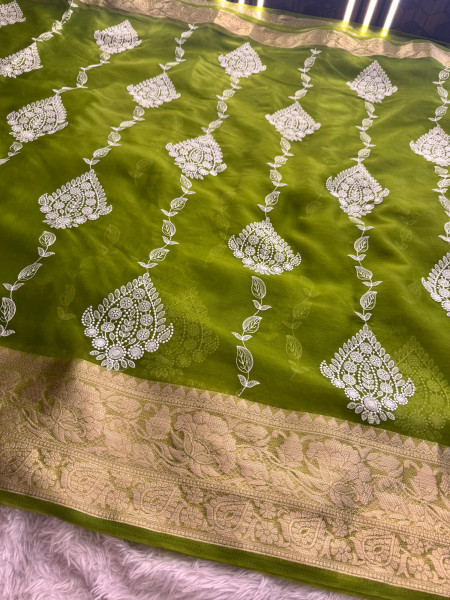 Organza Silk Chikankari Embroidery  Saree