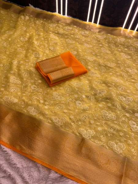 Organza Silk Chikankari Embroidery Shaded Dye Saree