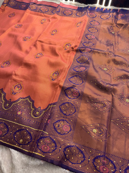 Kanjeevaram Silk Saree with Copper Zari woven And Stone Work