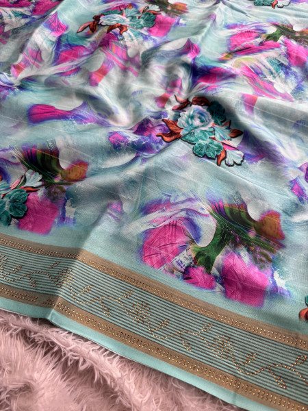 Banarasi Silk Digital Print Saree With Swarovski Crystal Work