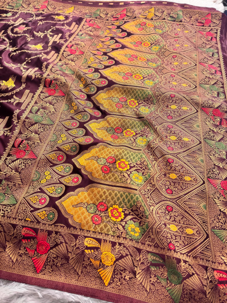 Mashru Katan Silk Saree with Floral Zari Borders and Meenakari