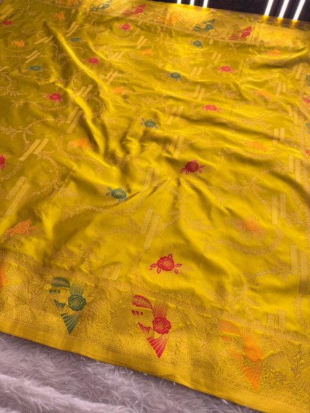 Mashru Katan Silk Saree with Floral Zari Borders and Meenakari