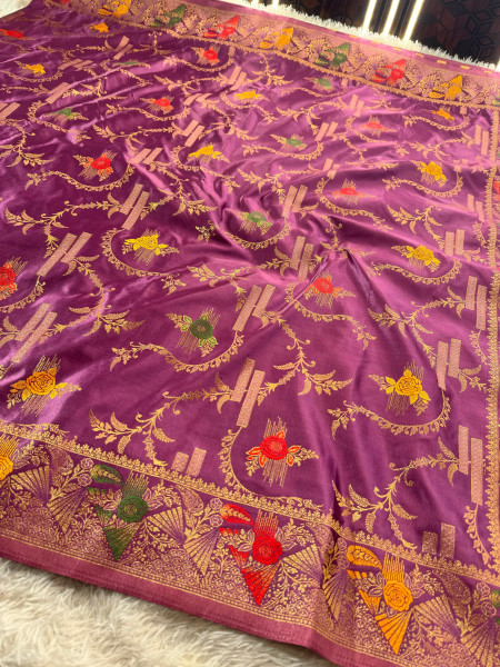 Mashru Katan Silk Saree with Floral Zari Borders and Meenakari