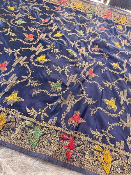 Mashru Katan Silk Saree with Floral Zari Borders and Meenakari