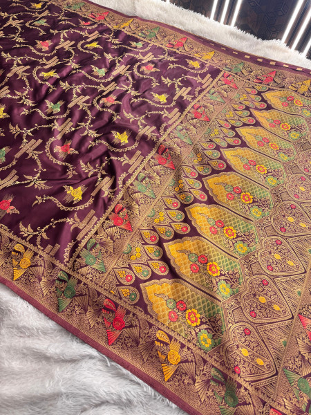 Mashru Katan Silk Saree with Floral Zari Borders and Meenakari