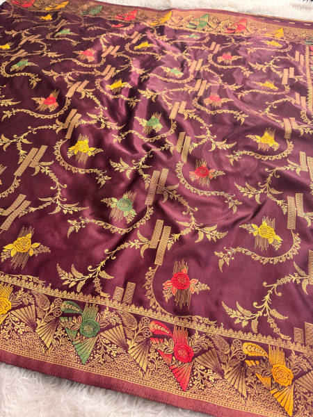 Mashru Katan Silk Saree with Floral Zari Borders and Meenakari