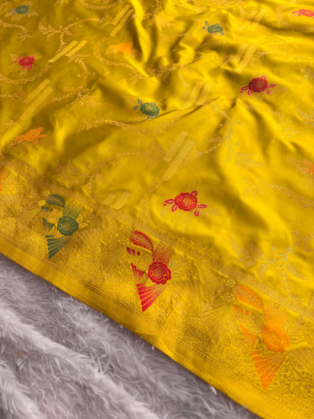 Mashru Katan Silk Saree with Floral Zari Borders and Meenakari