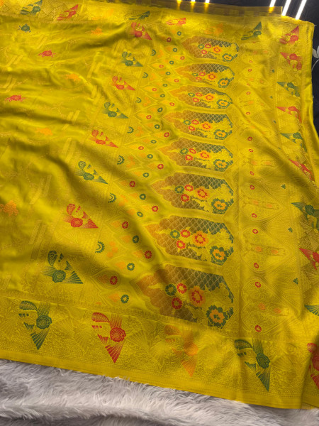 Mashru Katan Silk Saree with Floral Zari Borders and Meenakari