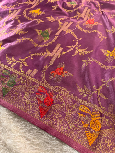 Mashru Katan Silk Saree with Floral Zari Borders and Meenakari
