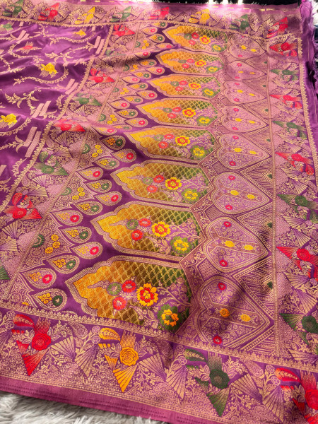 Mashru Katan Silk Saree with Floral Zari Borders and Meenakari