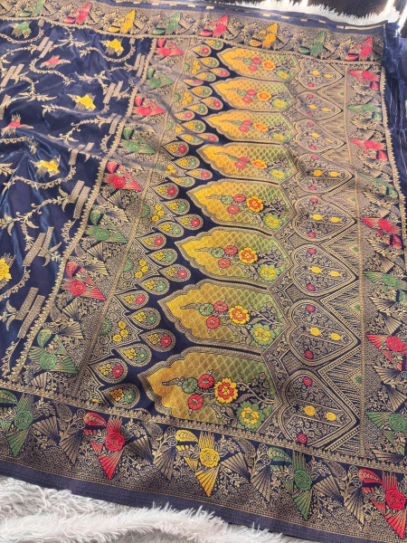 Mashru Katan Silk Saree with Floral Zari Borders and Meenakari