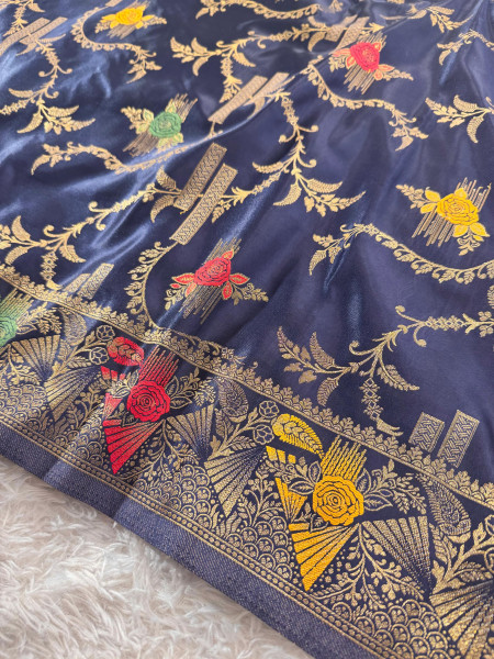 Mashru Katan Silk Saree with Floral Zari Borders and Meenakari