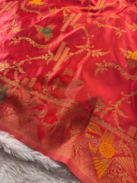 Mashru Katan Silk Saree with Floral Zari Borders and Meenakari