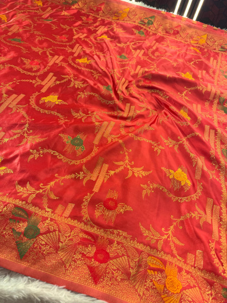 Mashru Katan Silk Saree with Floral Zari Borders and Meenakari
