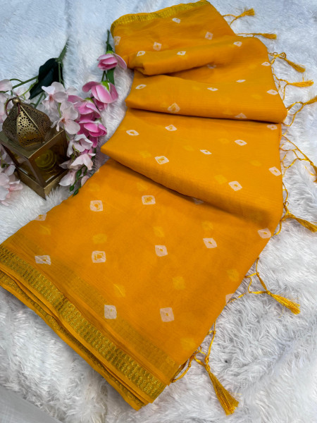 Chiffon Silk Saree with Bandhani Dye and Tassels