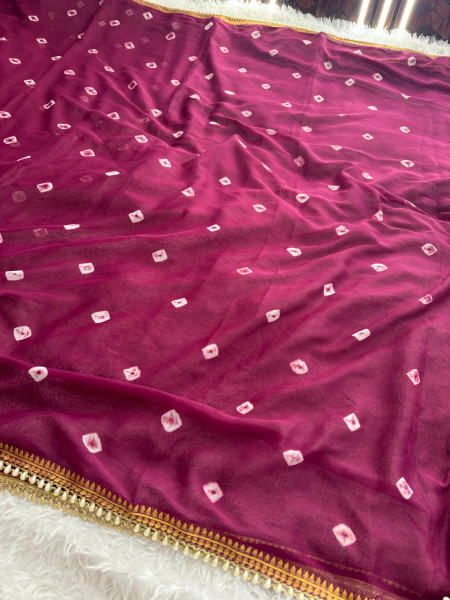 Chiffon Silk Hand Bandhani Dye Saree With Designer Lace