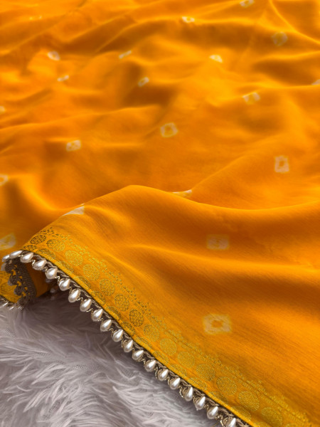 Chiffon Silk Hand Bandhani Dye Saree With Designer Lace