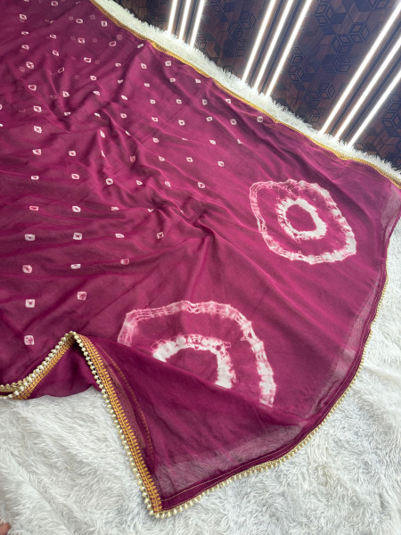 Chiffon Silk Hand Bandhani Dye Saree With Designer Lace