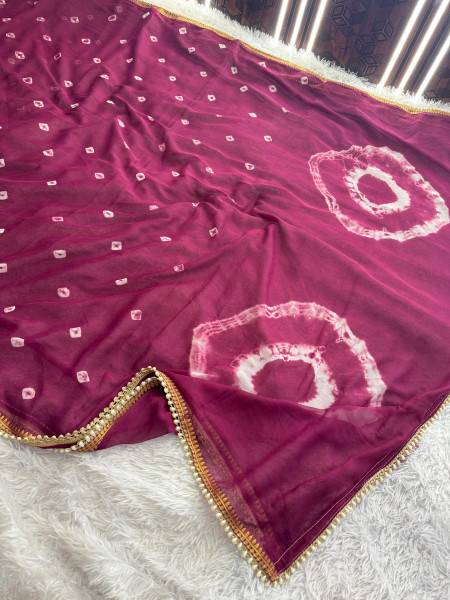 Chiffon Silk Hand Bandhani Dye Saree With Designer Lace