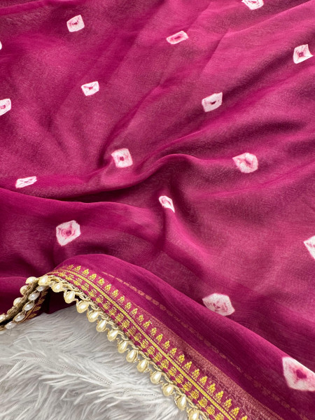 Chiffon Silk Hand Bandhani Dye Saree With Designer Lace
