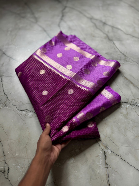 Semi Katan Soft Silk Saree with Allover Zari checks and Booti Design