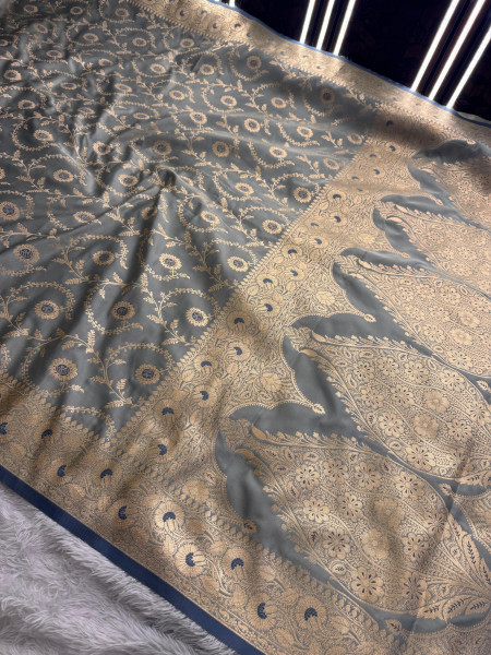 Mashru Katan Silk Saree with Floral Zari Borders and Meenakari Work