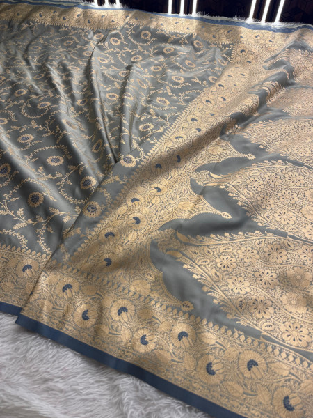 Mashru Katan Silk Saree with Floral Zari Borders and Meenakari Work