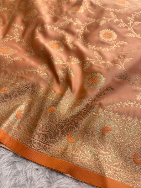 Mashru Katan Silk Saree with Floral Zari Borders and Meenakari Work