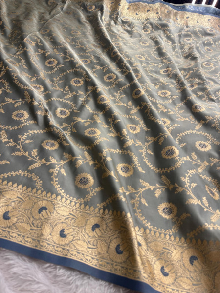 Mashru Katan Silk Saree with Floral Zari Borders and Meenakari Work