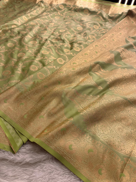 Mashru Katan Silk Saree with Floral Zari Borders and Meenakari Work