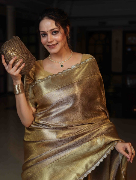 Premium Tissue Silk Saree with Silver Zari Design and Cutdana Work on Border