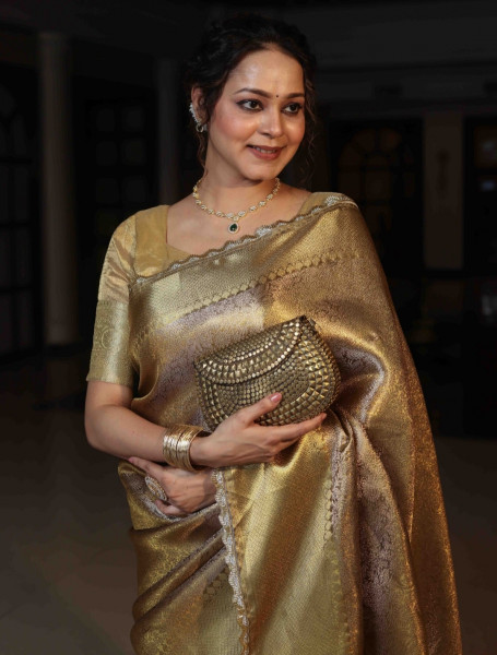 Premium Tissue Silk Saree with Silver Zari Design and Cutdana Work on Border