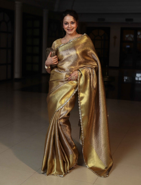 Premium Tissue Silk Saree with Silver Zari Design and Cutdana Work on Border