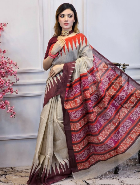 Banarasi Raw Silk Saree with Hand Print