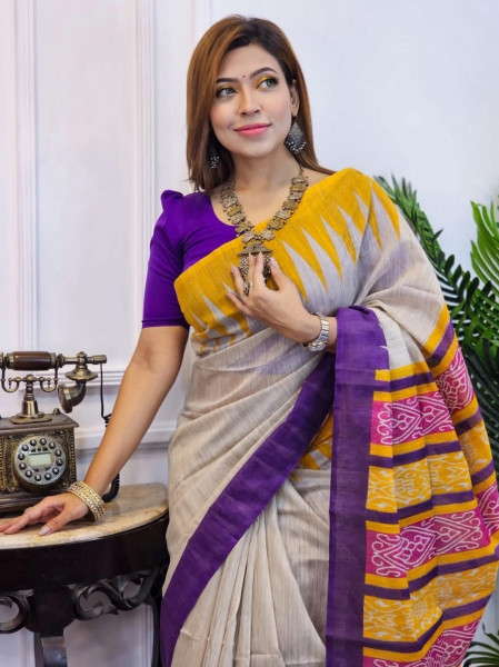 Banarasi Raw Silk Saree with Hand Print